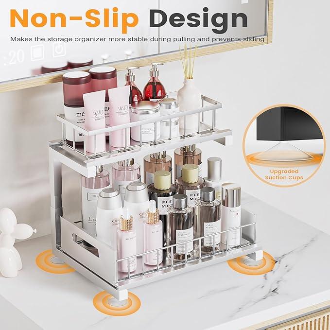 Under Sink Organizer Storage Heavy Duty Metal Slide Out Sink Shelf Organizer Height Adjustable, Multi-Purpose Storage Shelf for Kitchen Bathroom (Silver,1Pack) - ModernBath