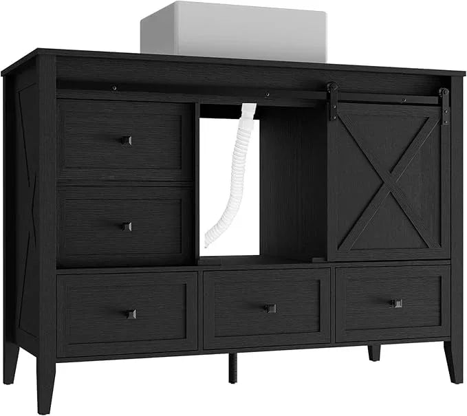 VNN Bathroom Vanity with Sink - 48 Inch Bathroom Vanity with Sink Ceramic, Freestanding Cabinet with Farmhouse Sliding Barn Door and 7 Drawers, Space-Saving Storage Cabinet, Wood Grain Texture, Black - ModernBath