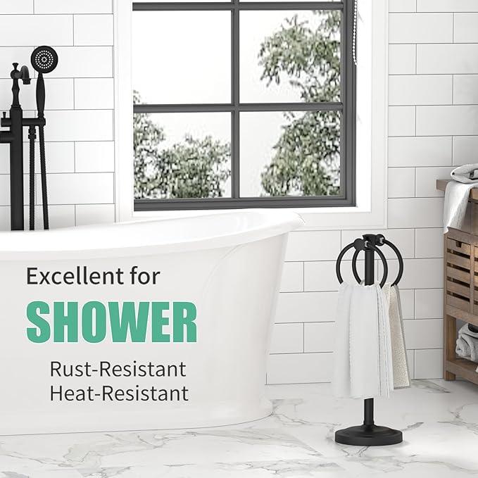 Hoimpro 17" Matte Black Stainless Steel Standing Towel Rack Double Towel Ring Hand Towel Stand Holder, Bathroom Accessories Set Hardware Towel Bar Hanger for Bathroom Vanity and Kitchen Countertops - ModernBath