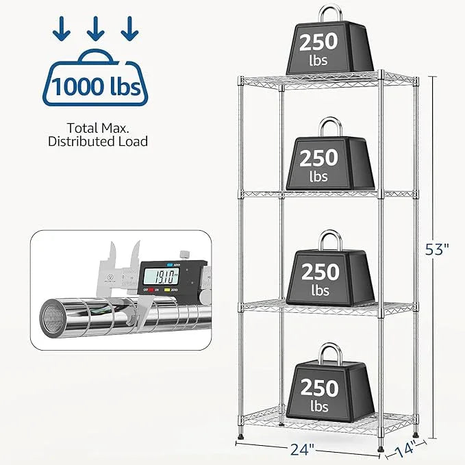1000 lbs 4Tier Shelf Metal Storage Shelves Wire Rack Closet Organizers with Wheel for Garage Kitchen Bathroom Laundry Chrome 13.7" D x 23.6" W x 53.4" H - ModernBath