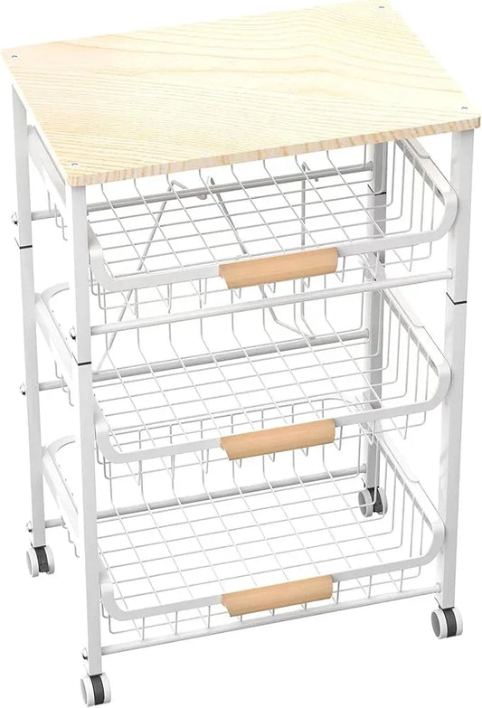 4-Layer Fruit Basket Kitchen Food Storage Organizer and Storage Rack, Stackable Storage cart with Desktop, Pull-Out Hollow Metal Storage Basket, liding Out Storage,White - ModernBath