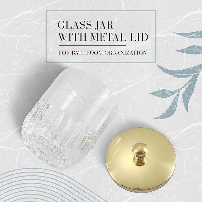 Indecor Home Clear Transparent Apothecary Vertical Wavy Glass Jar With Gold Metal Lid Cover for Bathroom Organization, Cotton Balls, Q Tips, and Small Accessories, Bathroom Storage - ModernBath
