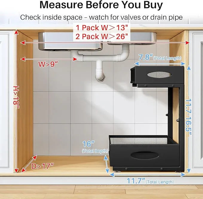 Under Sink Organizer, 2 Pack 2 Tier Pull Out Under Cabinet Organizer Shelf with Pad for Framed Cabinets, Metal Slide Out Under Sink Storage, Mesh Sliding Drawers for Kitchen Bathroom Laundry, Black - ModernBath