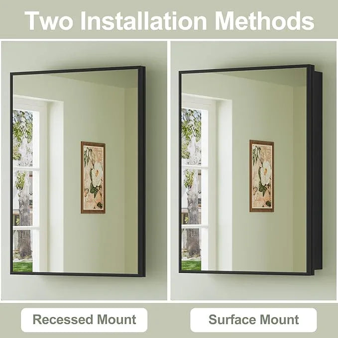 Buruis 20" x 28" Framed Medicine Cabinet with Mirror, Recessed or Wall Mounted Bathroom Cabinet, Adjustable Tempered Glass Shelves, Left/Right Open Reversible, No Assembly Required, Black - ModernBath