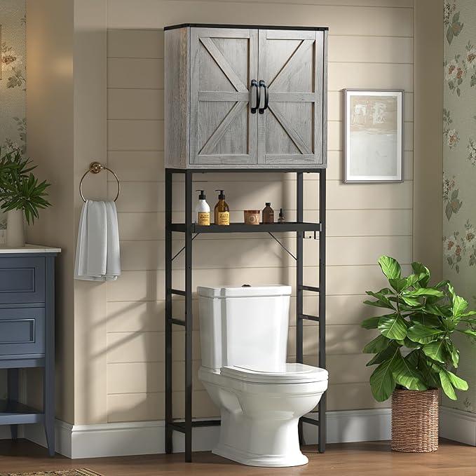 Over The Toilet Storage Cabinet, Bathroom Above Toilet Cabinet Organizer with Doors and Adjustable Shelves, Bathroom Shelf Organizer with Anti-Tip Device & Drain Rack, Grey - ModernBath