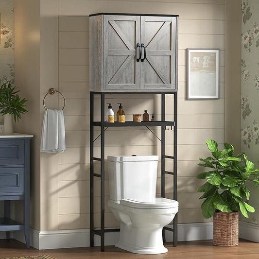 Over The Toilet Storage Cabinet, Bathroom Above Toilet Cabinet Organizer with Doors and Adjustable Shelves, Bathroom Shelf Organizer with Anti-Tip Device & Drain Rack, Grey - ModernBath