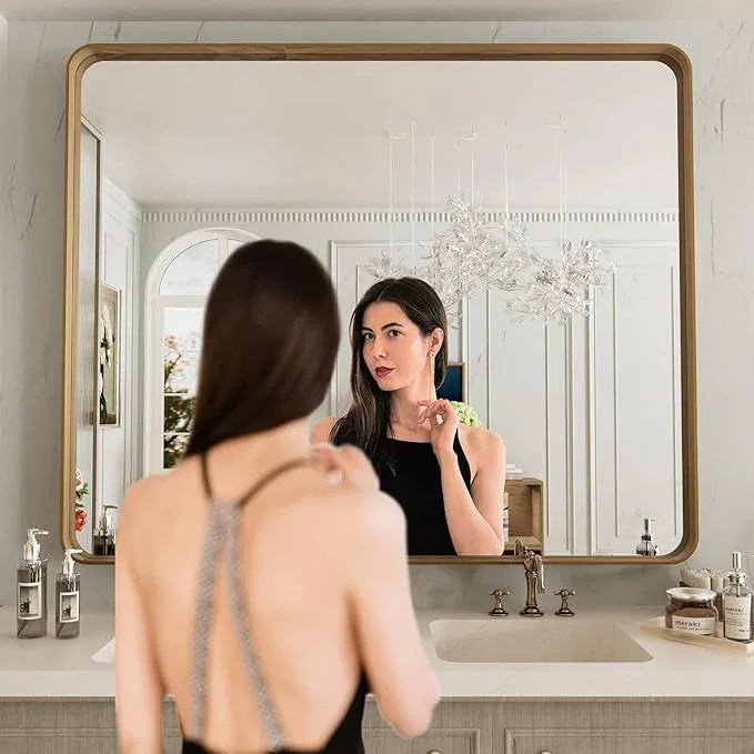 LOAAO 48X36 Inch Bathroom Mirror with Wood Grain Colored Metal Frame, Rounded Rectangle Metal Framed Bathroom Mirror, Anti-Rust, Hangs Horizontally or Vertically, Tempered Glass - ModernBath
