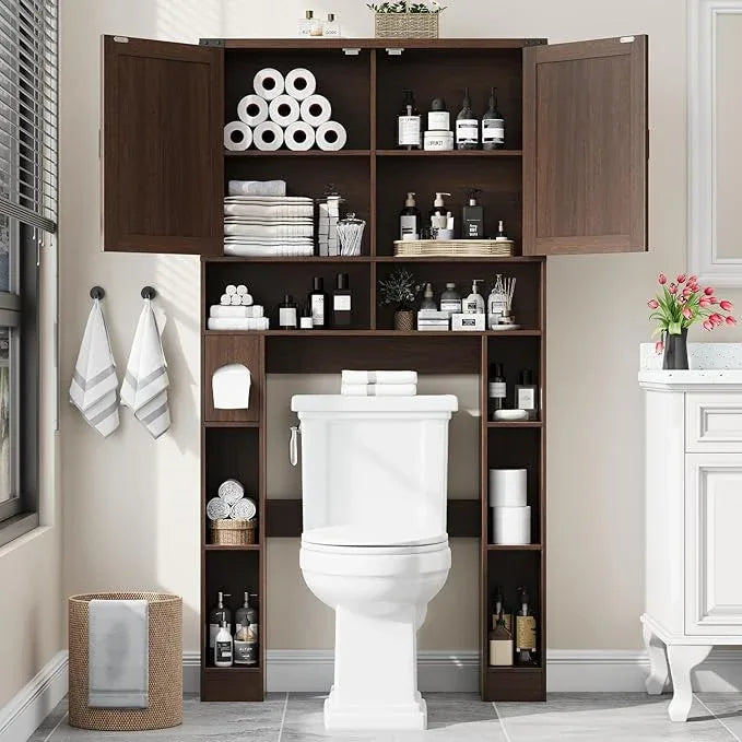 Vabches Over The Toilet Storage Cabinet, Farmhouse Storage Cabinet Over Toilet with 2 Barn Doors ，Toilet Paper Holder Stand，Home Space-Saving Toilet Rack, for Laundry, Restroom, Bathroom.Espresso. - ModernBath