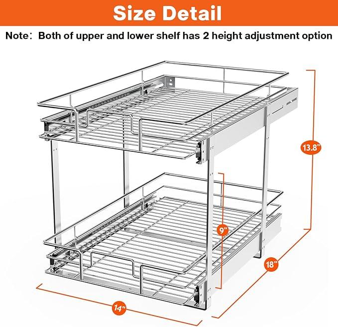 ROOMTEC Individual Pull Out Cabinet Organizer (14" W x 18" D), 2 Tier Spice Rack Organizer for Cabinet, Slide Out Drawer Pantry Shelf Organization and Storage for Kitchen Bathroom - ModernBath