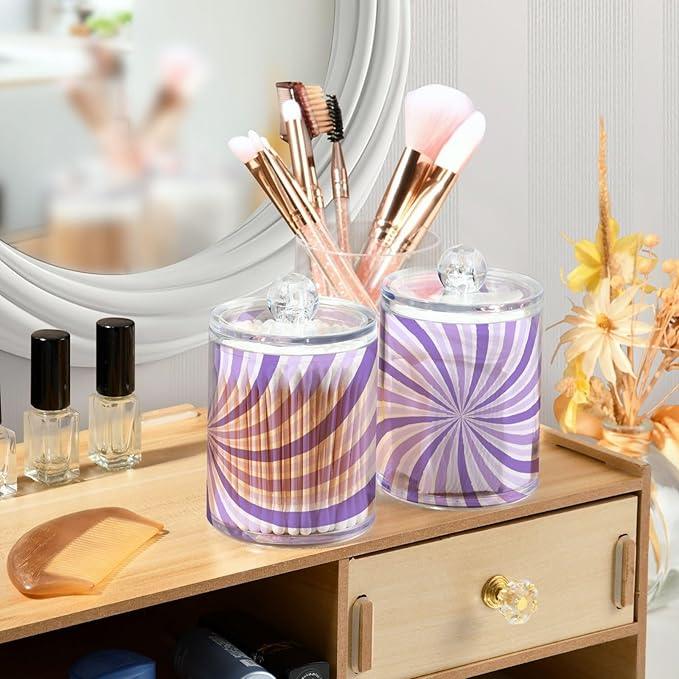 Tatenale Qtip Holder Bathroom Set Q tip Cotton Ball Swab Pad Dispenser Container Organizer Plastic Jars with Lids Storage 2Pack Purple Wavy Stripes - ModernBath