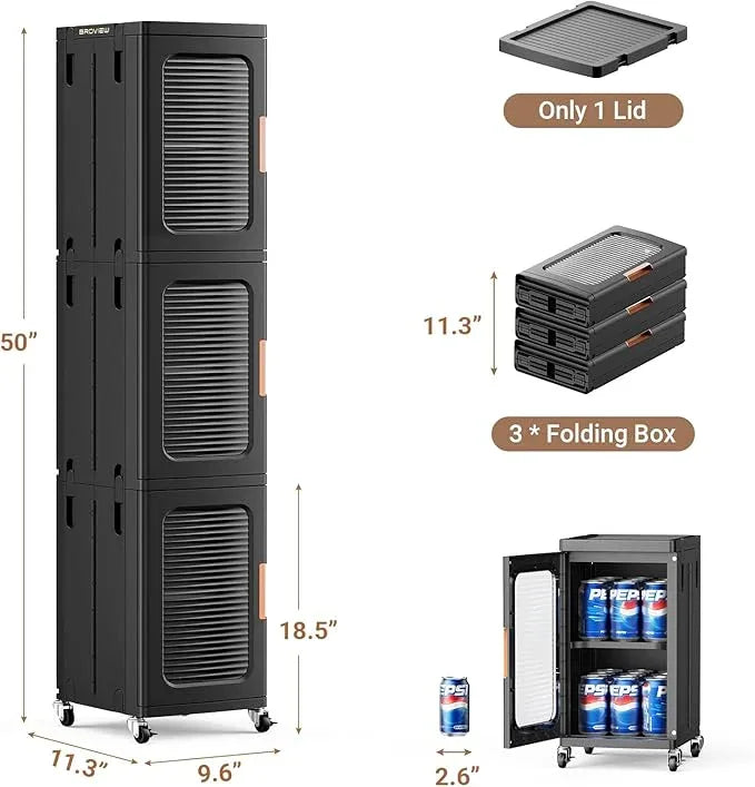 BROVIEW 3-Tier Tall Narrow Storage Cabinet Organizer, Slim Bathroom Cabinets with Adjustable Shelves and Doors, Plastic Kitchen Pantry Organizers and Storages for Small Space, Laundry, Black - ModernBath