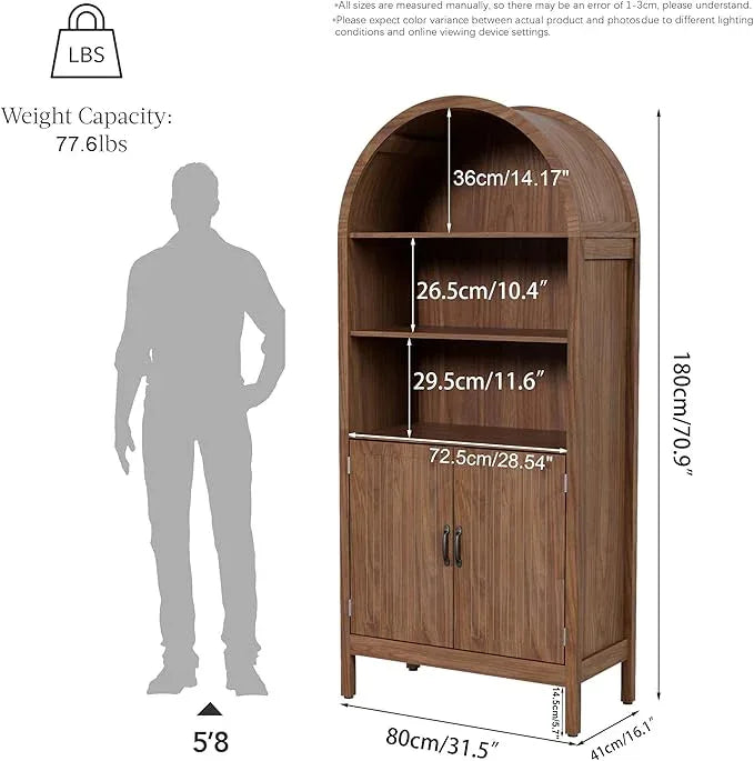 70.9" Tall Storage Cabinet with Fluted Doors, Arched Freestanding Cabinet with 5 Shelves, Wooden Bookcase Storage Cabinet Suitable for Living Room, Dining Room, Bathroom - ModernBath