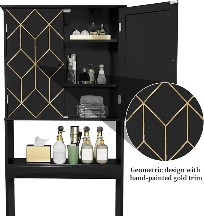 HLR Over The Toilet Storage Cabinet with Gold Trim, Over Toilet Bathroom Organizer with Adjustable Shelves and Toilet Paper Holder, Above Toilet Storage Cabinet Spacesaver for Bathroom (Black) - ModernBath
