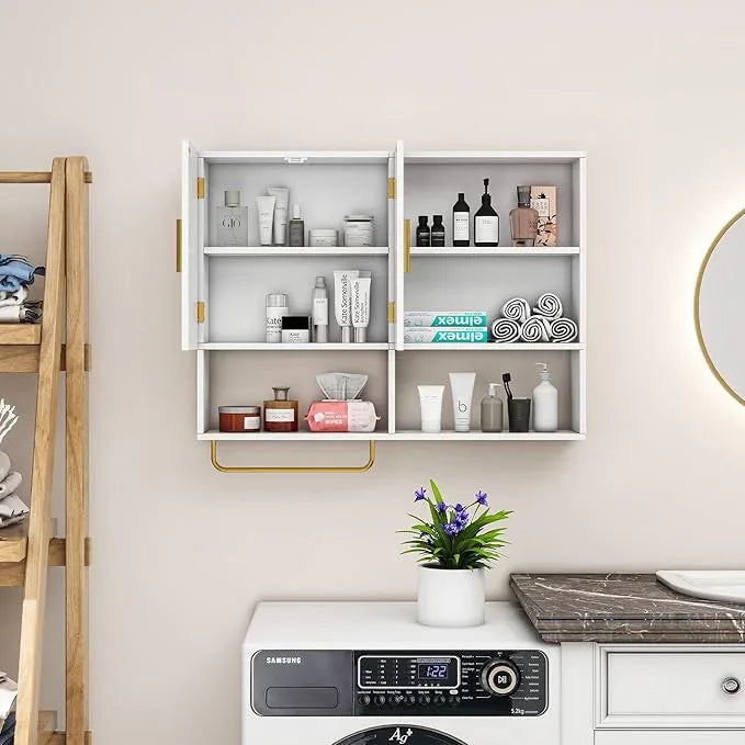 Bathroom Wall Cabinet Wood Large Wall Mounted Medicine Cabinet with 2 Doors and 4 Open Shelves Over Toilet Storage Cabinet Organizer with Towel Bar,White - ModernBath