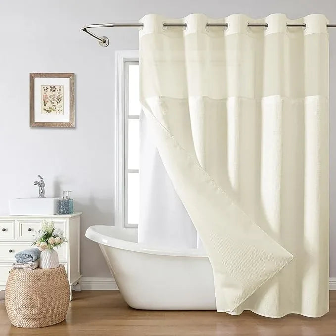 eachope Cream No Hook Shower Curtain with Snap-in Fabric Liner Set,Waffle Weave Shower Curtains for Bathroom,Hotel Luxury Decor Bathroom Curtain Set,Waterproof & Washable,71Wx74H - ModernBath