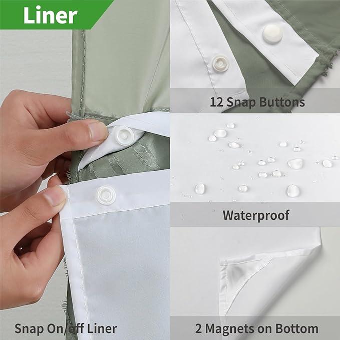 eachope no Hook Shower Curtain and Liner Set，Boho Style with See Through Top Window, SageGreen Fabric Tufted Striped Textured Outer Curtain & Waterproof Inner Liner, SageGreen, 71Wx74H - ModernBath