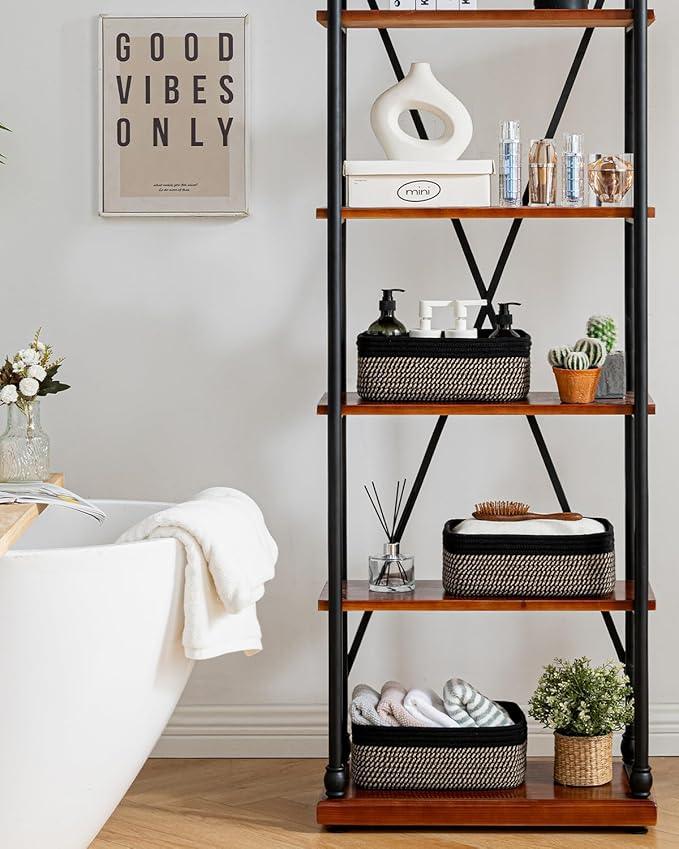 Small Woven Basket, 12 x 8 x 4.5 Inches, Storage Basket for Organizing, Cute Small Rope Shelf Closet Cube Storage Bins Baskets for Shelves, Dog Toy Gift Baskets Empty, 3 Pack Black & Brown - ModernBath