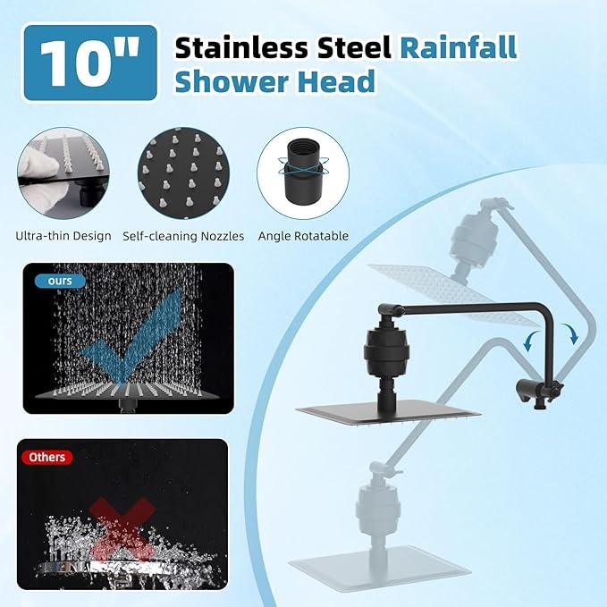 Filtered Shower Head, 10" High Pressure 10-Spray Handheld/Rainfall Shower Head Combo with 20 Stage Shower Filter, 11" Shower Extension Arm, 71" Hose, Shower Head Holder, Matte Black - ModernBath