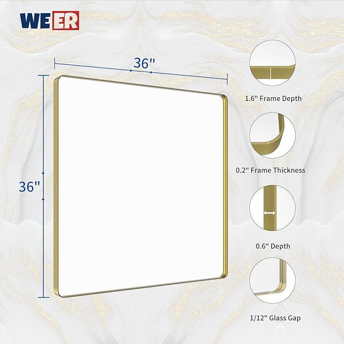 WEER Gold Bathroom Mirror, 36X36 Inch Brushed Metal Frame, Rounded Rectangle Vanity for Wall, Tempered Glass, Anti-Rust, Hangs Horizontally or Vertically - ModernBath