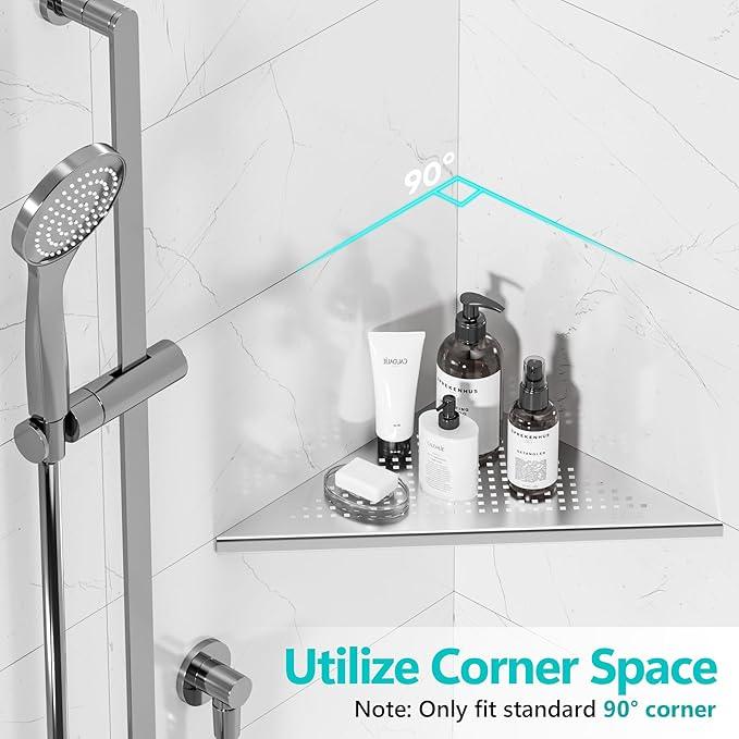 Bathroom Corner Shelf, Recessed 12" Shower Shelf Caddy, SUS304 Stainless Steel Shelf Wall Mount Triangular, No Drilling, Brushed Nickel - ModernBath