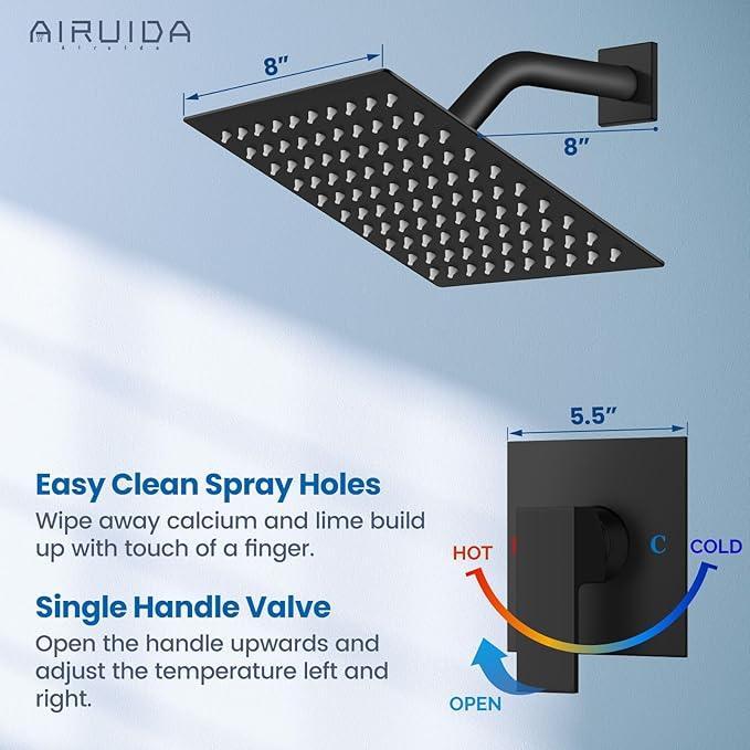 Airuida Shower Faucet Set Bathroom Rain Shower System SUS304 Stainless Steel Single Handle With Male Threads Rough-in Valve Shower Trim Kit 8 Inch Wall Mount Shower Head Matte Black - ModernBath