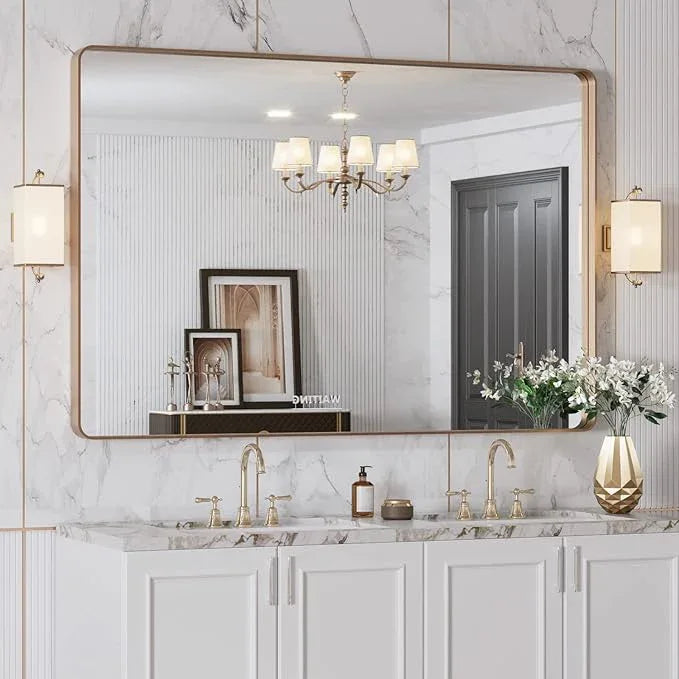 LOAAO 48”X32” Gold Bathroom Mirror, Rounded Rectangle Gold Frame Mirror, Brushed Gold Bathroom Vanity Mirror Wall-Mounted, Anti-Rust, Tempered Glass, Hangs Horizontally or Vertically - ModernBath
