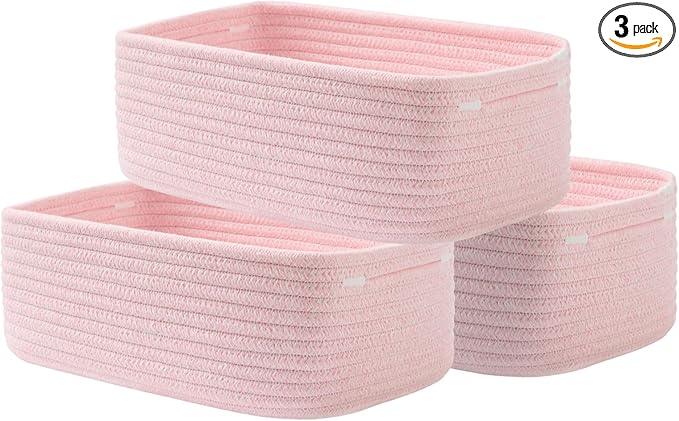 Small Woven Basket, 12 x 8 x 4.5 Inches, Storage Basket for Organizing, Cute Small Rope Shelf Closet Cube Storage Bins Baskets for Shelves, Dog Toy Gift Baskets Empty, 3 Pack Light Pink - ModernBath