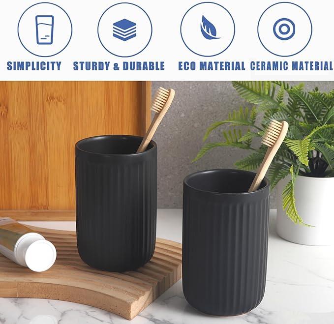 Matte Black Toothbrush Holders for Bathrooms - Black Ceramic Bathroom Tumbler Cups Reusable Toothbrush Cup Black Mouthwash Cup, 2 Cups Toothbrush Toothpaste Holders Set, Bathroom Counter Organizer - ModernBath