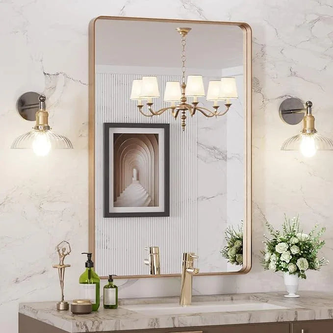 LOAAO 24”X36” Gold Bathroom Mirror, Rounded Rectangle Gold Frame Mirror, Brushed Gold Bathroom Vanity Mirror Wall-Mounted, Anti-Rust, Hangs Horizontally or Vertically - ModernBath