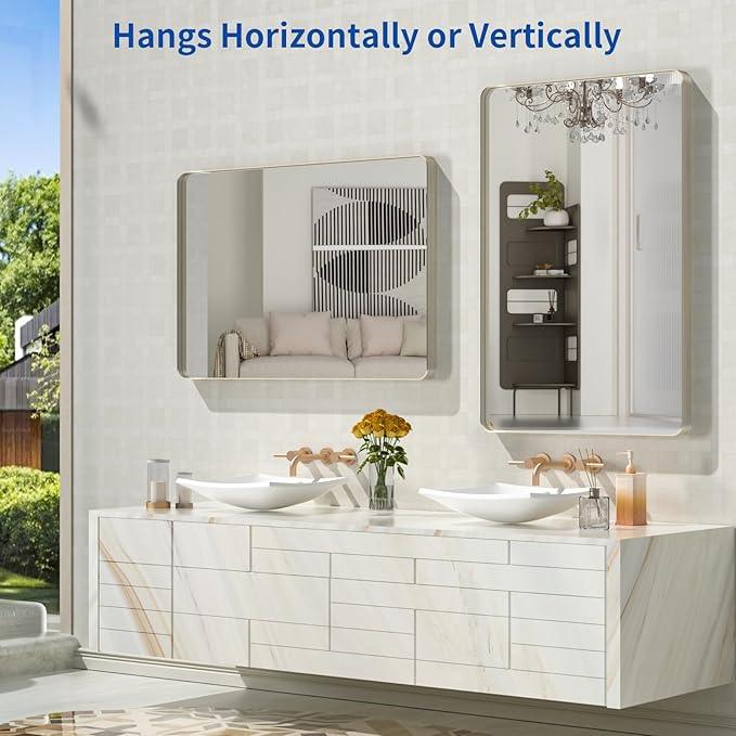 WEER 28X36 Inch Brushed Nickel Bathroom Mirror, Brushed Silver Metal Frame Mirror, Rounded Rectangle Silver Bathroom Vanity Mirror, Tempered Glass, Anti-Rust, Hangs Horizontally or Vertically - ModernBath
