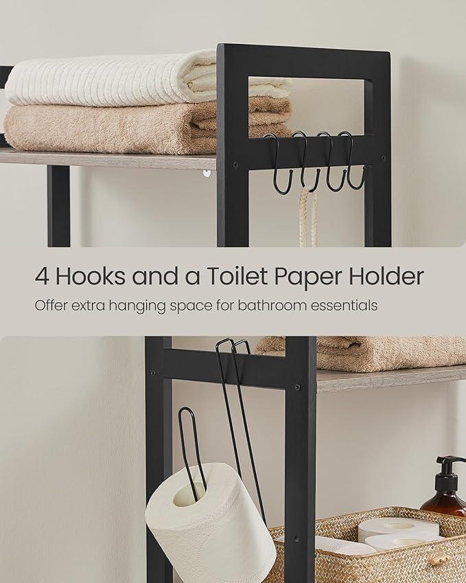 SONGMICS Over-The-Toilet Storage, 3-Tier Bathroom Organizer Over Toilet with Adjustable Shelves, Hooks, Bamboo, Freestanding Space Saver Bathroom Shelves, Heather Greige and Ink Black UBTS012W01 - ModernBath