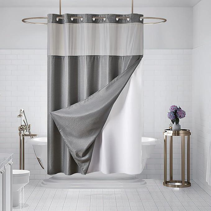 Furlinic No Hook Shower Curtain with Snap in Fabric Liner Set,Waffle Weave Heavy Duty Bathroom Curtain with See Through Window,Waterproof & Machine Washable,Hotel Style,Light Grey,71x72 Inch - ModernBath