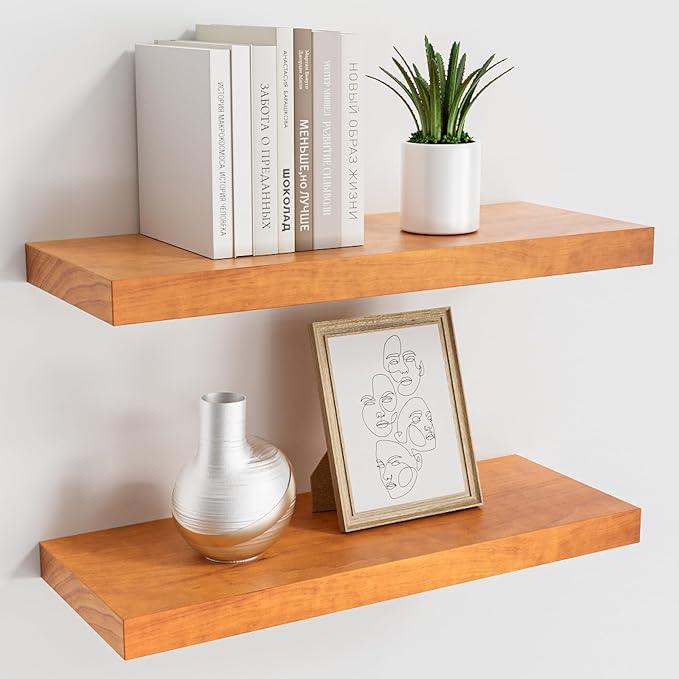 Pine Floating Wall Shelves Set of 2, 16 Inches Long x 8”x 1.4” Shelf Floating Rustic Farmhouse Decor, Heavy Duty Shelf, Wall Shelves for Bathroom Living Room Kitchen Bedroom Office, Honey Oak - ModernBath