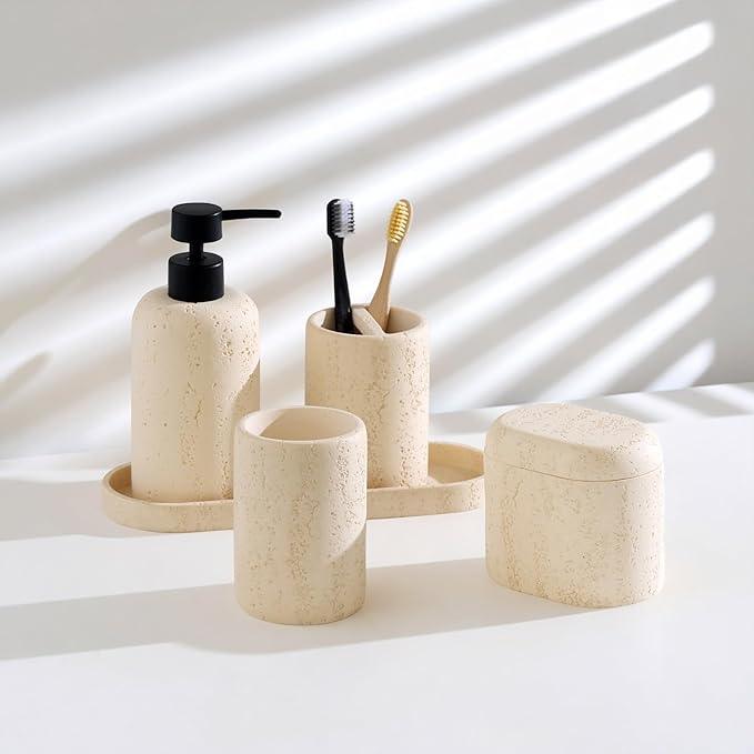 WUUAHOME Bathroom Accessories Set, Travertine Stone-Look, 5 PCS Bathroom Accessory Set with 13.53 OZ Soap Dispenser, Toothbrush Holder, Tumbler, Vanity Tray, Cotton Swab Jars for Countertop (Yellow) - ModernBath