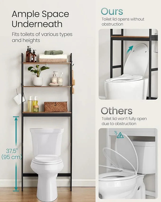 SONGMICS Over-The-Toilet Storage, 3-Tier Bathroom Organizer Over Toilet with Adjustable Shelves, Hooks, Bamboo, Freestanding Space Saver Bathroom Shelves, Rustic Brown and Ink Black UBTS012B01 - ModernBath