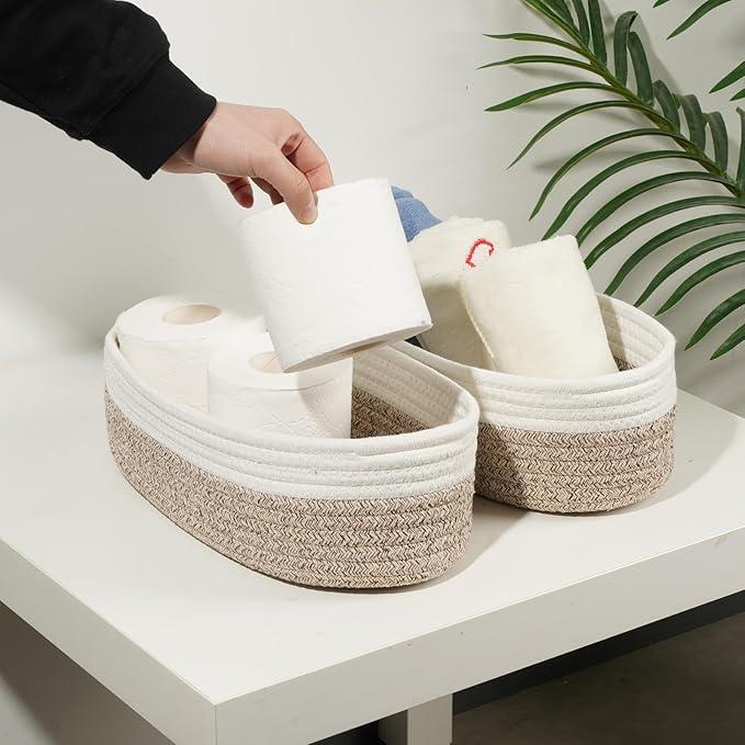 Temary 2PC Small Storage Bins Basket, 13x5.9x3.9 inch Woven Storage Basket with Handles for Storage Toilet Paper Rolls, Narrow Storage Baskets for Entryway, Closets, Shelves (Brown) - ModernBath