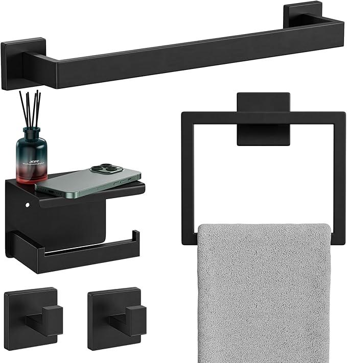 Bubxo 5-Pieces Matte Black Bathroom Hardware Set, 16 Inch Bathroom Towel Bar Set, SUS304 Stainless Steel Bathroom Hardware Accessories Set, Towel Racks for Bathroom Wall Mounted - ModernBath