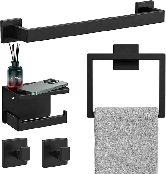 Bubxo 5-Pieces Matte Black Bathroom Hardware Set, 16 Inch Bathroom Towel Bar Set, SUS304 Stainless Steel Bathroom Hardware Accessories Set, Towel Racks for Bathroom Wall Mounted - ModernBath