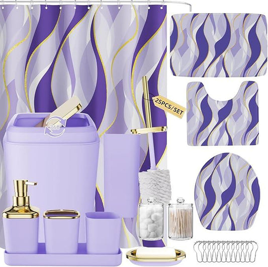 XLHOMO Bathroom Set - Purple and Gold Bathroom Accessories, Bathroom Sets with Shower Curtain and Rugs, Purple Shower Curtain Set with Bathroom Trash Can, Soap Dispenser, Soap Dish for Home Decor - ModernBath