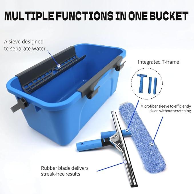 HYCDFCS Squeegee with Shelf Storage for Window Cleaning,Window Cleaning Squeegee kit with Bucket&Microfiber Scrubber,Bathroom,Shower Doors,Mirrors,Tiles,and Car Windows Blue - ModernBath