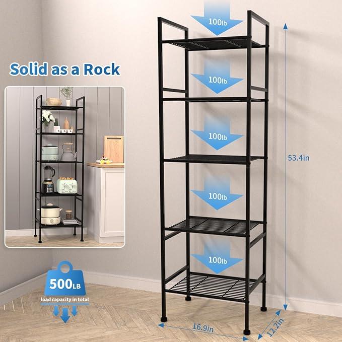 5-Tier Wire Shelving Metal Rack Shelves, Standing Storage Shelf Units Flat for Laundry Bathroom Kitchen Pantry Closet Organization (Black, 16.9" L x 12.2" W x 53.4" H) - ModernBath