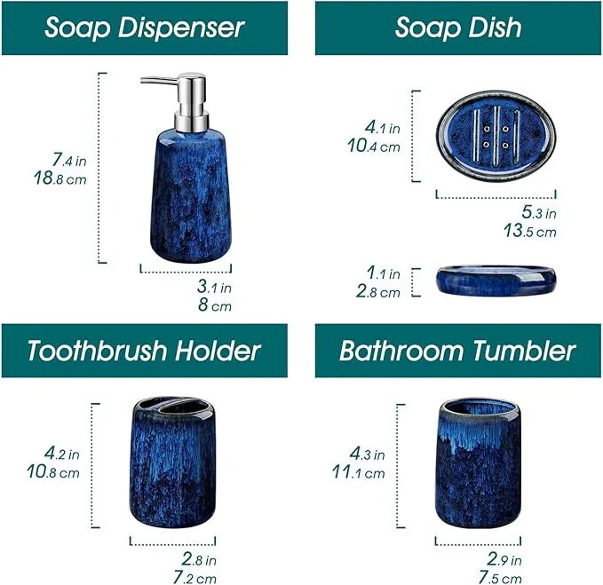 vancasso Blue Bathroom Accessories Set, Ceramic Soap Dispenser and Toothbrush Holder Sets, Stoneware 4 Pcs Bathroom Sink Set for Modern Home Decor, Series Starry - ModernBath