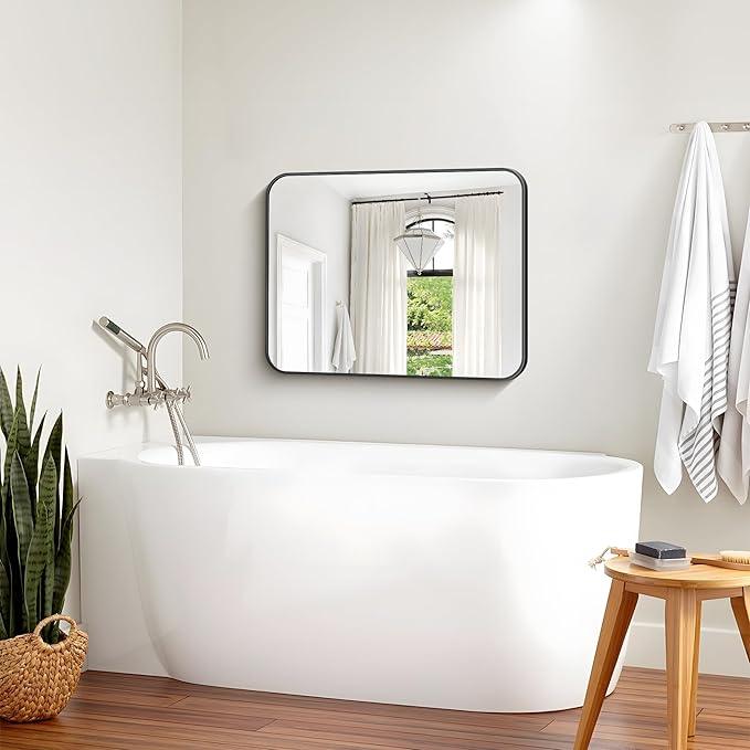 CIVENO Bathroom Mirror, 30 x 24 inch Metal Framed Black Rectangle Mirror, Rounded Corner Rectangular Vanity Mirror, Wall Mounted Mirror for Modern Bedroom Living Room Hangs Horizontal or Vertical - ModernBath