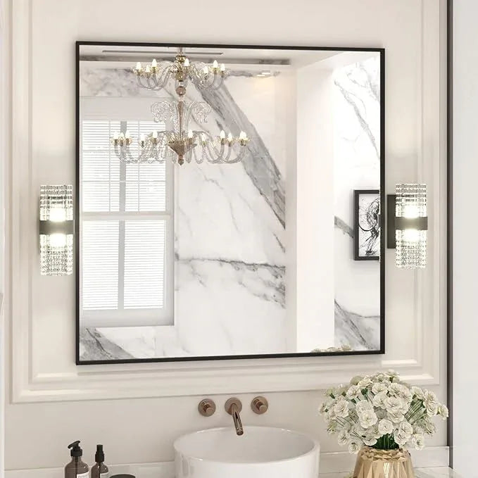 LOAAO 36"X36" Black Rectangle Bathroom Mirror Wall, Matte Black Aluminum Alloy Frame, Tempered Glass, Hangs Vertically or Horizontally, Easy to Install - ModernBath