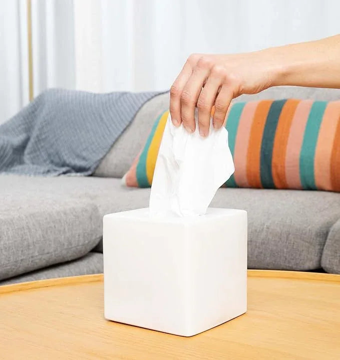 Simple Solid Ceramic Tissue Box Cover – Square Matte Finish Tissue Holder for Bathroom, Vanity, Nightstand, Office – Decorative & Discreet – Fits Standard Tissue Boxes (White) - ModernBath