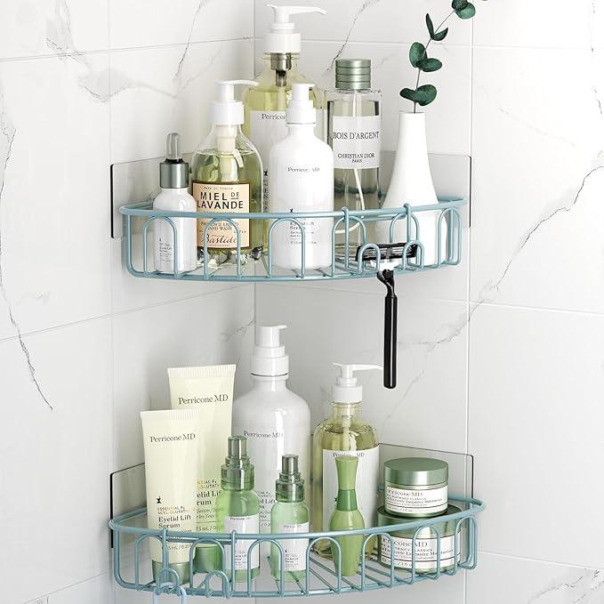 Orimade Corner Shower Caddy with 2 Hooks Wall Mounted Metal Bathroom Shelf Storage Organizer Adhesive No Drilling 2 Pack, Blue Only for 90-Degree Corner - ModernBath