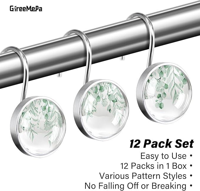 12 Pcs Mint Green Eucalyptus Decorative Shower Curtain Hooks - Rustic Stainless Steel Round Resin Shower Rings Hangers for Bathroom Rods Decor - ModernBath