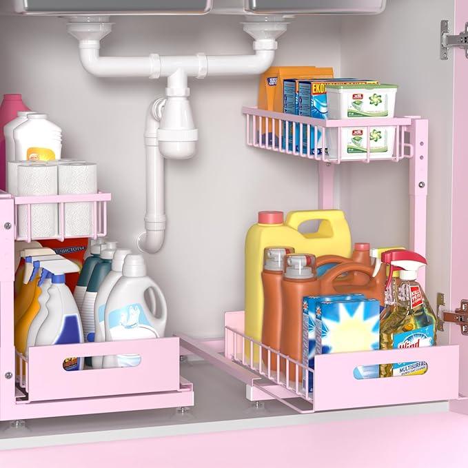 Under Sink Organizer for Kitchen and Bathroom, 2 Pack 2 Tier Pull Out Storage Rack - Height Adjustable Heavy Duty Metal Basket with High Capacity & Safety Stopper, Rustproof for Cleaning Supplies - ModernBath