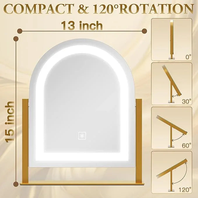 ROLOVE Lighted Makeup Mirror with 3-Color Dimmable Lighting, with Removable 10x Magnifier, Smart Touch Control, 360° Rotation, 15" x 13" Hollywood Vanity Mirror for Tabletop Desk (Gold) - ModernBath