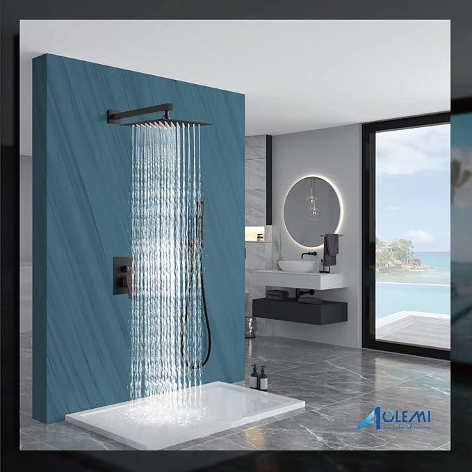Aolemi Shower Faucet Set Rain Shower System with Handheld Spray Bathroom Shower Combo Rough-in Valve and Shower Trim Kit Included Matte Black 10 Inch Wall Mount Shower Head - ModernBath